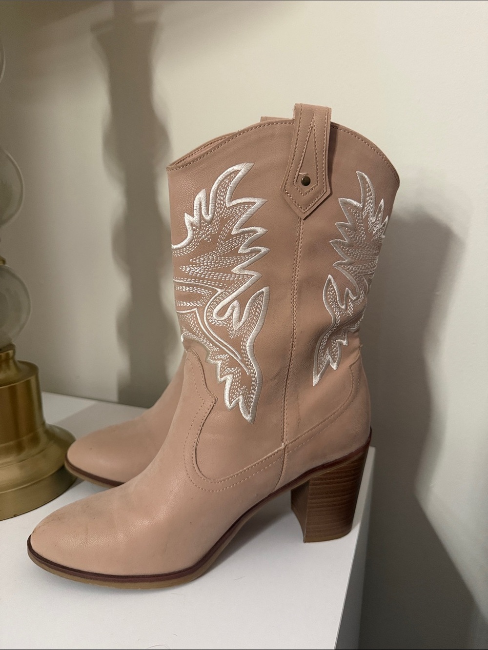 MIA Blush Mid-Calf Western Heel Boots with White Embroidery